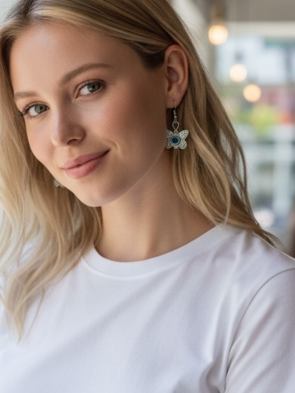Silver Butterfly Earrings with Blue Evil Eye Protection Jewelry